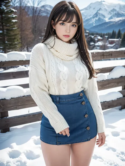 (Cowboy shot: 1.2), (Android_18, and18(dragon ball z), ( beautiful finely detailed eyes and detailed face), ( face through the thigh : 1.4), (Knee shot: 1.2), blond hair with bangs , Alone, (((mini skirt))), dama, (beautiful mountainous and snowy backgrou...