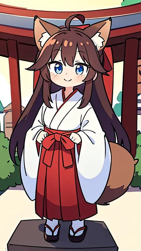  1 girl ,  long hair,  smiles,  blue eyes, Brown Hair,Ahoge,  animal ears ,  fox ear,tail,Shrine maiden, white kimono,Red Hakama