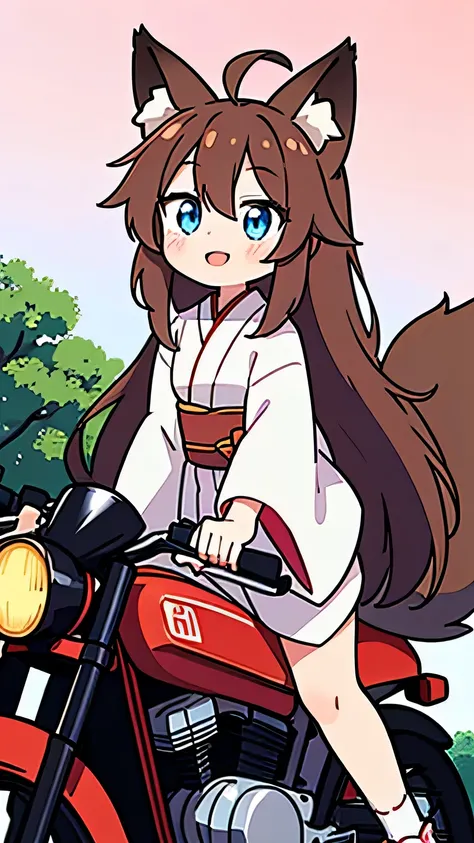  1 girl ,  long hair,  smiles,  blue eyes, Brown Hair,Ahoge,  animal ears ,  fox ear,tail,Shrine maiden, white kimono,Red Hakama,Riding a motorcycle