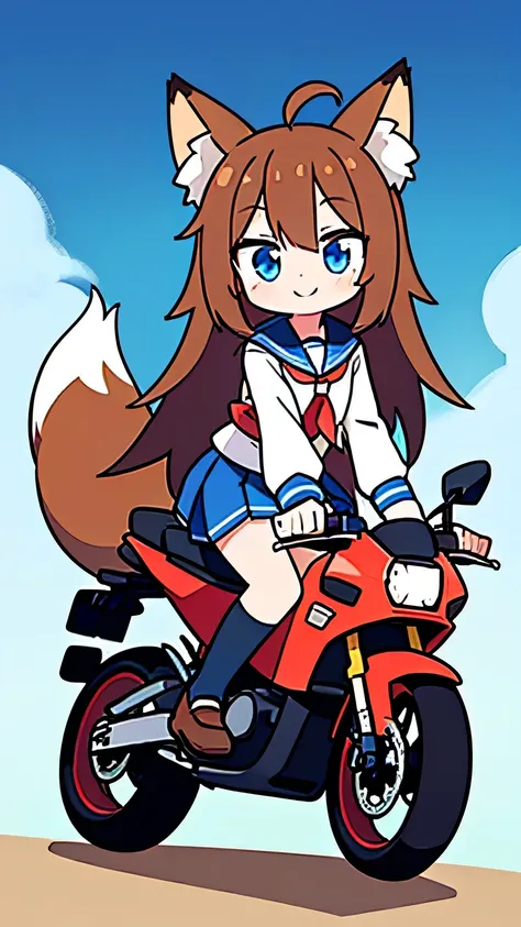  1 girl ,  long hair,  smiles,  blue eyes, Brown Hair,Ahoge,  animal ears ,  fox ear,tail, school uniform, sailor suit ,Riding a motorcycle