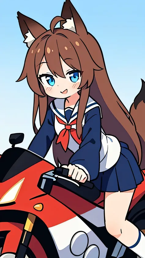  1 girl ,  long hair,  smiles,  blue eyes, Brown Hair,Ahoge,  animal ears ,  fox ear,tail, school uniform, sailor suit ,Riding a motorcycle