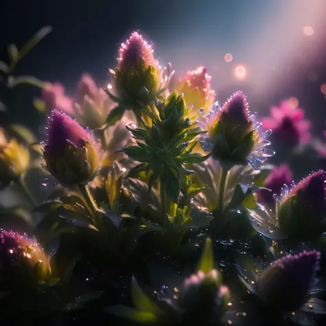 a close up of a bunch of flowers with drops of water on them, bright flowers, flower buds, glowing plants, Paul Barson, lights with bloom, magic flowers, backlit glow, surrounded flower, early morning lighting, luminous flowers, 8k macro photography, plant...