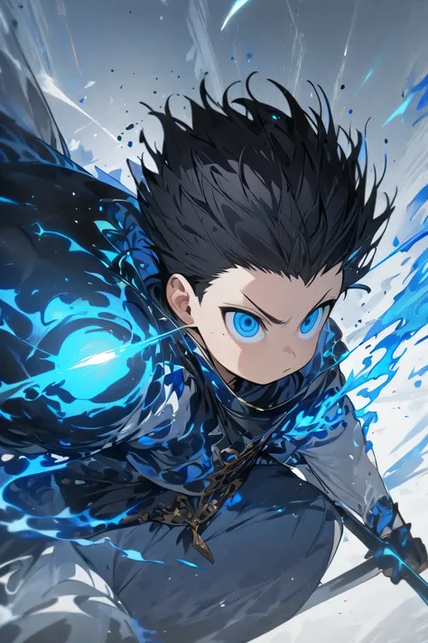 (( best quality)), ((  Masterpiece )), (  Details) black hair,Shaved Hair,1boy,juvenile, Floating in the Air ,There is a strong outpouring of blue energy around my body, slightly chubby,Round face, has narrow eyes,Hegemony is coming out,whole body,He is sl...