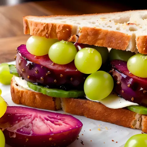 there is a sandwich with uvas and cactus on it,  food commercial 4k , sandwich,  professional food photography , ❤🔥🍄🌪, high quality alimentos,  close up of food , Healthy, 4 k, Picture of food ,  elaborate composition 