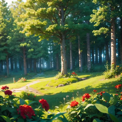 beautiful lush green forest landscape, cinematic lighting, cinematic composition, red berry bushes in foreground, detailed foliage, calm peaceful atmosphere, vivid colors, photorealistic, 8k, best quality, high detail, inside deep forest, tree tops not vis...