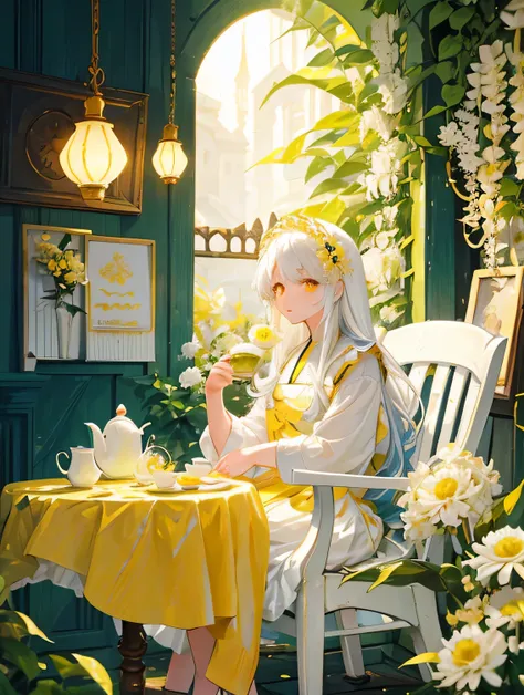 White long hair. Yellow overall. white shirt. Chrysanthemum. Sunlight. Yellow eye. Tea . Garden. Cakes. Half-body. A girl sitting on a chair and drinking tea