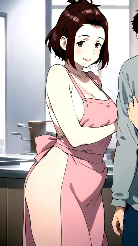 masterpiece,  high definition ,  1 girl , brown hair,  Brown Eyes ,  shorthair,   hair tied at the back , whole body,  Big Breasts 、 naked apron、 pink apron、smile、 big butt、 tall women、 fat woman、 small face、Big body、son、、Parent and  hugging each other、Hug...