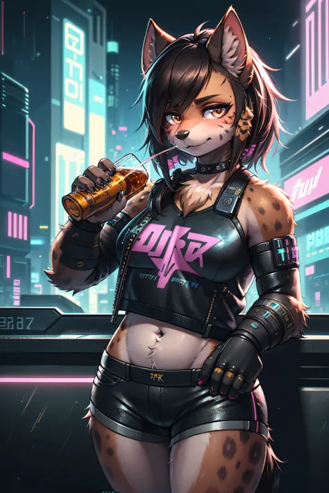 (cyberpunk2070 style:1.2) , 1 hairy hyena girl , Short stature , realistic hairy fur , Round face, swollen cheeks,round eyes , hot pants , in the night club , Sacred offerin  , drinking whiskey