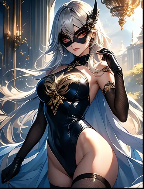 （（（ＳＦＷ、Precision、Highest quality、A first-class masterpiece、Normal body、8k、  Detailed Face 、Ultra-precision、 Normal hand、５refer to、Highest）））、Hi-leg leotard knight uniform、 Masquerade Night 、Masquerade、The masked silver-haired daughter