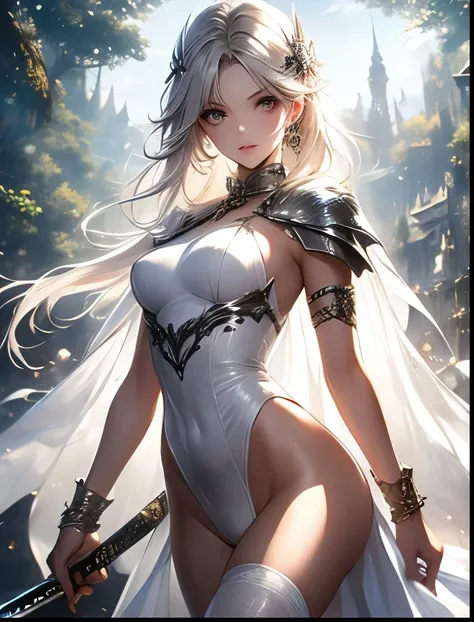 （（（ＳＦＷ、Precision、Highest quality、A first-class masterpiece、Normal body、8k、  Detailed Face 、Ultra-precision、 Normal hand、５refer to、Highest）））、white high leg leotard knight suit、 Masquerade Night 、Beautiful silver-haired girl wearing a mask、 holding a sword ...