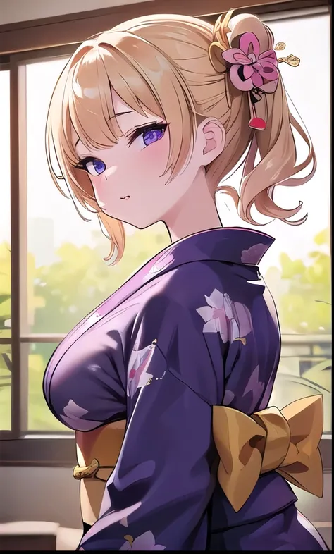   1 girl,   short 、 blonde alone、 golden hair 、up hair、Hair tied up、 hair ornament、Curly hair、 purple eyes ,  1 girl 、((( Details、 beautiful face))) outside、 Big Breasts 、 Bitch、Big Breasts,  , pink lips、  knight 、Best shadow、Best lighting、（((inn、hostel、Gu...