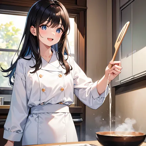 Top quality, best picture quality, 1080p, 8K, masterpiece, first class, (perfect face), factory, (Asian cook), (long sleeved white top and bottom cooking outfit with closed collar), no buttons, (white pants), 2 people, back to back, 1 girl, brown hair, age...