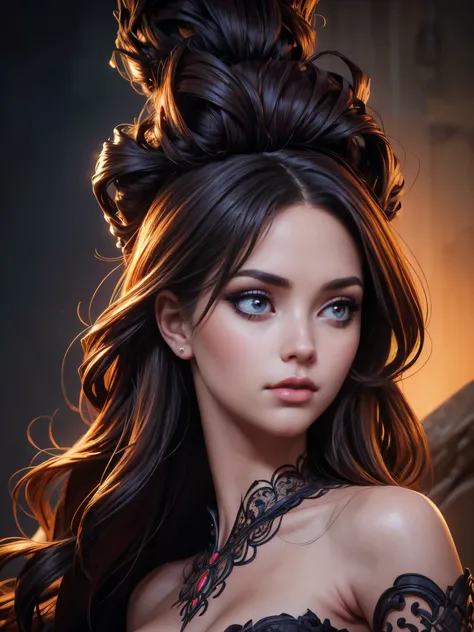 A beautiful woman with a plunging neckline, detailed face, expressive eyes, full lips, long eyelashes, flowing hair, intricate dress, dramatic pose, fantasy portrait, cinematic lighting, vibrant colors, highly detailed, photorealistic, masterpiece
