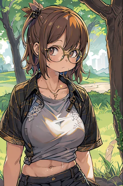  Punk Girl Wearing Glasses and a Black Shirt,  Blurry Green Grass and Trees on the Background 々,  short brown hair,  huge breasts