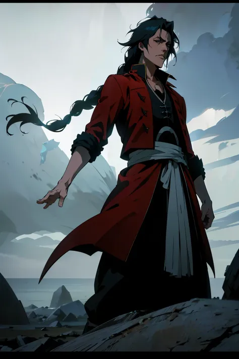 1 male, young adult, braided black hair, black hair, blue highlights, black eyes, bleached, Hueco Mundo, pirate outfit, sunny, red coat, highly detailed eyes, wavy hair, (best quality,4k,8k,highres,masterpiece:1.2),ultra-detailed,(realistic,photorealistic,...