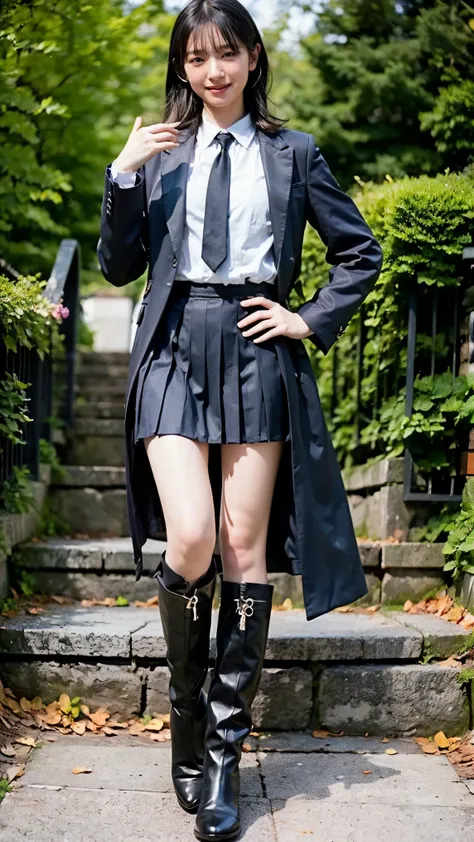 (8k、  RAW photo 、  best quality、  Masterpiece :1.2)、( realistic 、 realistic )、1 person、((  black long coat 、BLACK GARDEN 、 smile、 ties、frills、uniform、  shirt、  shirt、  Pleated Mini Skirt 、tights、  medium hair up to buttocks 、  black long boots  、Thin legs、...