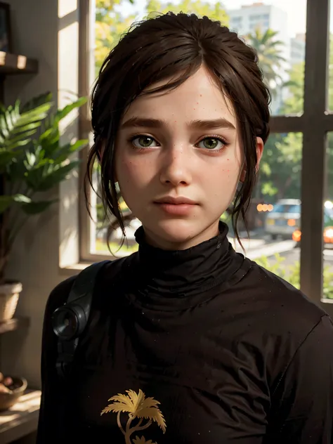 A stunning and intricate full color Ultra-HD portrait, a  girl, short brown hair, green eyes, detailed face, turtleneck dress or brown t-shirt, with 2 pale yellow palm tree logo, in a room with a window. no plants, epic character composition, alessio albi,...