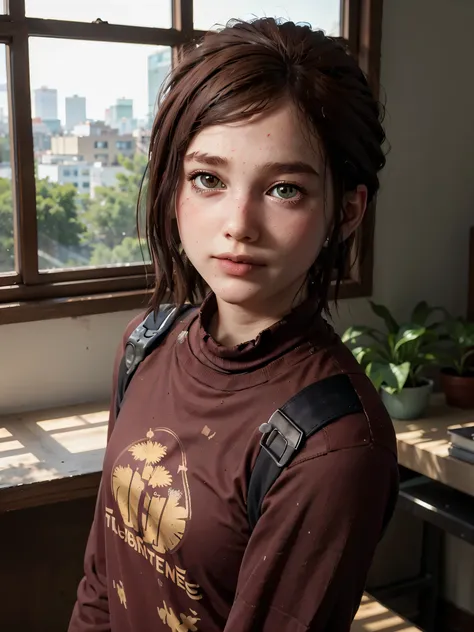 A stunning and intricate full color Ultra-HD portrait, a  girl, short brown hair, green eyes, detailed face, turtleneck dress or brown t-shirt, with 2 pale yellow palm tree logo, in a room with a window. no plants, epic character composition, alessio albi,...