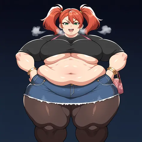 Woman, green eyes, smirk, anime screencap 2d, adult woman, Decollete, , nsfw,  bracelets, handbag , denim skirt, twintails, underboob, pantyhose Arm on hip, abs, date fat, chubby, obese, gigantic arms and legs, large breasts open mouth, out of breath