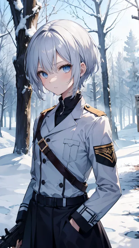  best quality、 Silver Hair、(Whitening skin)、 sky blue eyes、 very short hair,Short Hair, straight hair、Petite、、 slender、Sweaty,soldier, Military ,uniform, slender、forest、 assault rifle ,Snow Scene,, boyish,