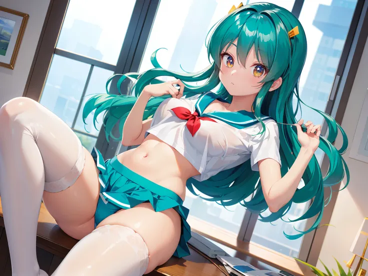 (( best quality)), ( high definition ), (( very detailed))、(masterpiece)、One adult Urusei Yatsura Ram with disheveled hair、Im wearing a sailor suit, a cute bra, and cute transparent panties、(Im wearing knee-high stockings)、(Im lying on the table with my cr...