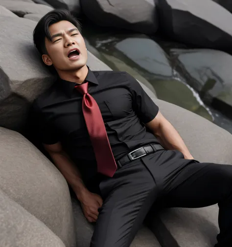 40years old,One Man, black shirt、Red tie、black slim pants、 Black Gloves 、Mountaintop cliff　 open the foot 、Sleeping on a rock、 open the foot 、The crotch area is swollen、 short hair 、View from below、Bald、Thinning hair、 undercut、　Asian Face　　 stubble　　Thinni...