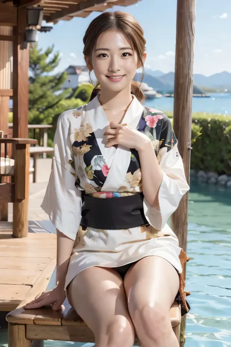 ((  best quality 、In 8K、  Masterpiece :1.3))、 beautiful Japanese woman 、Hair tied up、 embarrassed smile、  staring at camera 、 eyes 、Beautiful inner thighs 、 beautiful legs、  sit on a chair、  dimples on the cheeks、Say goodbye 、 wave、Kimono、 outdoor stage  