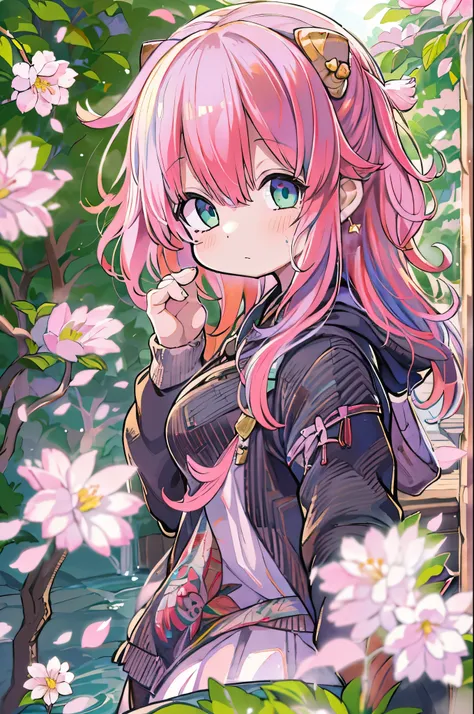  A girl with pink hair and green eyes is ready for a photo shoot, Haru Sakura ,  Best Anime 4K Konachan Wallpaper ,  sexy anime girl ,  Kitagawa Marin fan art, Cherry blossom petals around her,  splash art anime Lori , Anime Style 4k,   Anime Moe Art Style...