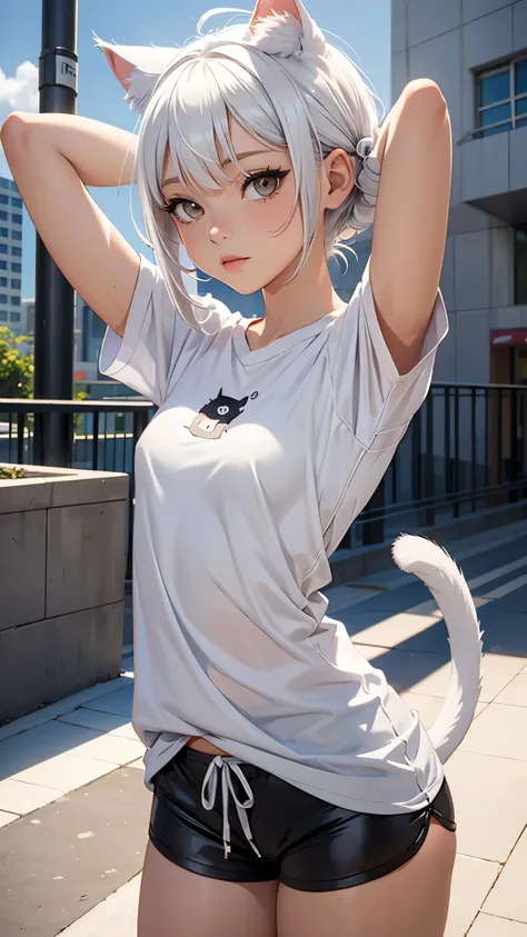 1girl, ebenya, looking at viewer, (small breast) white hair, neko, cat ears, (sexy),cat tail, wett white shirt, yoga shorts, open clothes, city, ba-shiroko, arms behind head