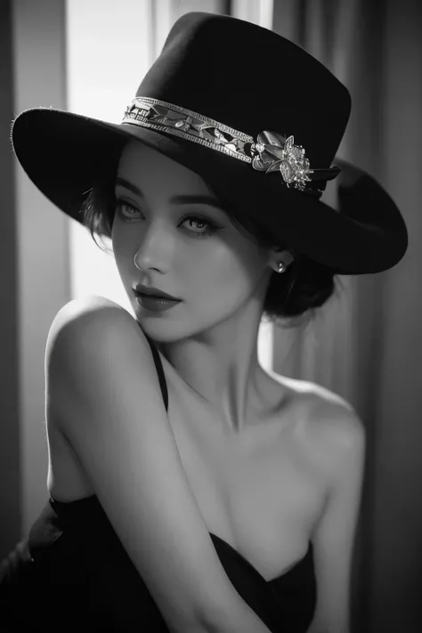 Alafid woman wearing black hat and lips in black and white photo, Inspired by George Herrell, vintage noir, Inspired by Lillian Bassman, inspired by Jerry Schatzberg, author：Clifford Ross, Inspired by Jean-Jacques Henner, film noir style, author：George Hur...