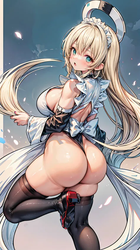 ABC、Japanese style maid、( back view、Butt),(beautiful long blond woman),  laughs,Green Eyes, (insanely big breasts:1.6),  cleavage, cowboy shot ,  black high-leg leotard、 (SFW Giant:1.6),  thigh high socks , best quality,8k,masterpiece, very detailed,Dramat...