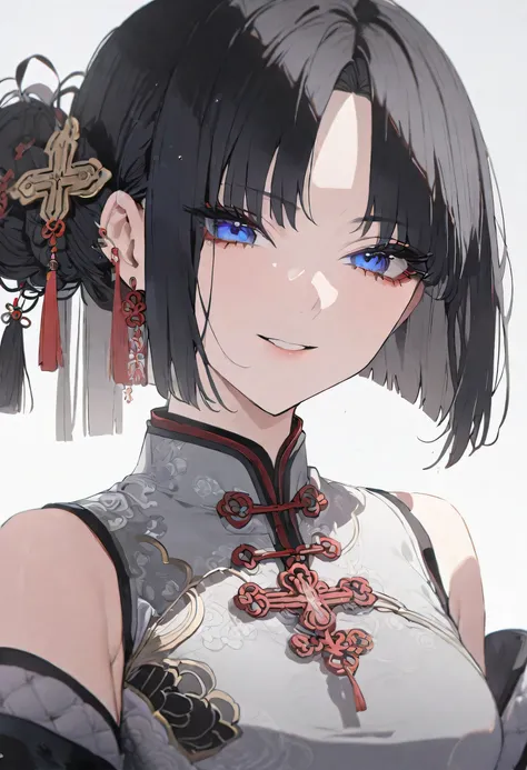 1 mature girl, (Puffy eyes:1.05), (Chinese dress), binyeo, black Hair, (Angled Bob:1.4), (Long tied hair), small smile, small happiness, Skin with attention to detail, Skin pores, A surprisingly innocent and symmetrical face, Long eyelashes, Black eyeliner...