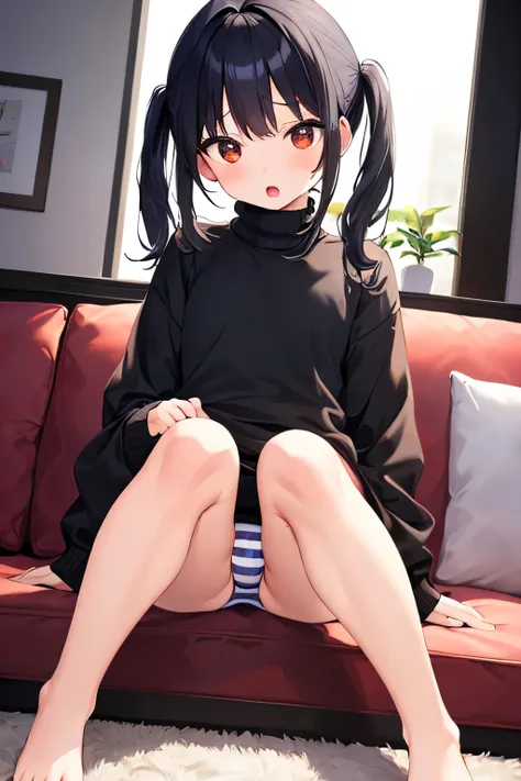 masterpiece、 Max Image、 super high resolution、A Very petite, very short stature, very young kindergarten girl、twin tail hairstyle、black hair、Red face、shyly、open your mouth just a little、white long sleeve turtleneck sweater for very young kindergarten girl、...