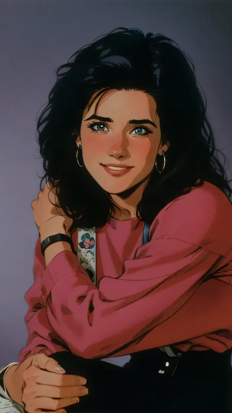 arafed woman with long black hair and a pink shirt, elaine benes, female marty mcfly, young jennifer connelly, 1 9 8 0 s woman, 8 0 ’ s portrait, promo image, 1990s sears portrait photo, with shoulder pads, photo from the 80s, from the 8 0 s, promo still, ...