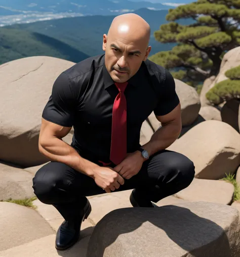 60years old,One Man,muscular man、 black shirt、Red tie、black slim pants、 Black Gloves 、Mountaintop cliff　 open the foot 、crouching on a rock 、 open the foot 、The crotch area is swollen、 short hair 、View from above、Bald、Thinning hair、 undercut、　Japanese Face...