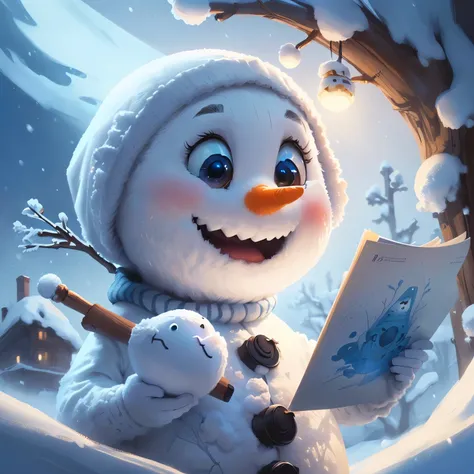 Close-up of snowman with paper in hand and pencil in other hand, frosty winter concept art, adorable digital painting, Anato Finnstark. Pixar, jen bartel, illustration!, fanart, cute detailed digital art, cute pixar character design, warm smile, digital ca...