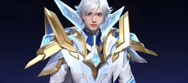 image of a a white and blue outfit, from genshin impact, , zhongli from genshin impact, lunar , genshin impact character, sliver ice color armor, delicate androgynous prince, beautiful androgynous prince, armor, heise , crystalline skin Xavier a Mage hero ...