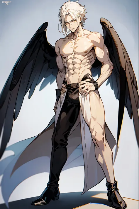 a tall male with white hair, has yellow eyes, shirtless and has abs, has a long black coat, has black pants, has brown shoes, has large black wings, inverted triangle body shape, anime-style full body illustration, anime character design, fully body charac...