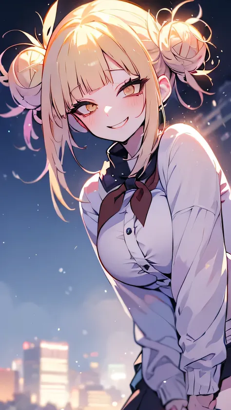  My Hero Academia, Toga Himiko,Wearing Santa clothes ,Big Breasts, handing over presents with a smile, A city with beautiful illuminations ,night, Snow Is Piling Up,