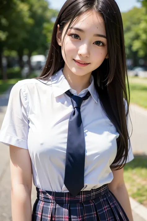 ( best quality,8k,32K, Masterpiece, super high resolution:1.2), girl, so cute, Japanese, College Student ,( gravure idol, Sexy Poses ), Little Smiles , upper body closeup,

 natural makeup,(Schoolの制服, white shirt, Plaid Pleated Skirt),School,Sunshine,Refle...