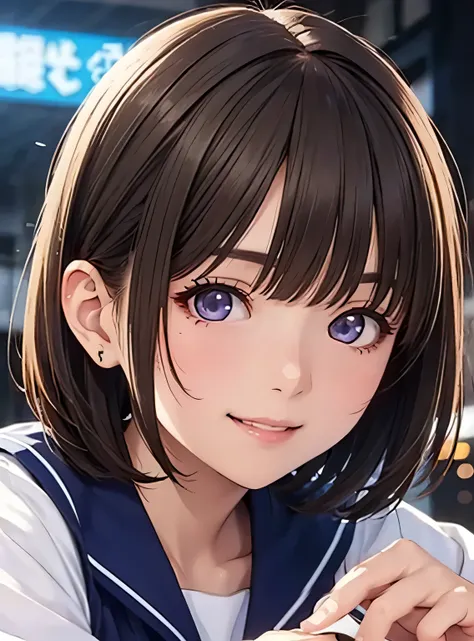 down high definition ,In 8K, best quality, Details, semi-realistic anime ,3D Anime Style, and 1 zoom photo with smooth animated CG , mischievous girl , man wearing a shirt , slim,modeling, (( 1 photo of a Japanese woman with 、Shor...
