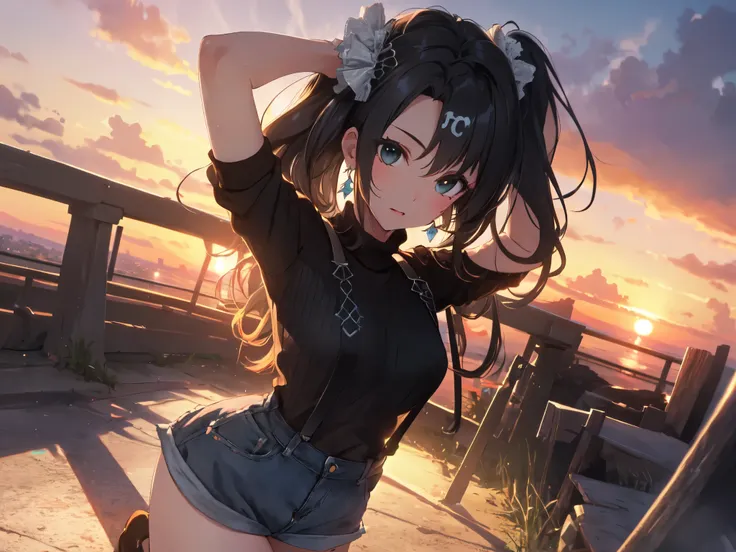 Solo, 1 Female, (Human Ears, Earrings, 3D Breasts), (Black Hair), (Arms Behind Head, Kneeling), (Anime Face, Ahegao), (Hair Accessories), (Leather Suspenders, Cable Knit Sweater, Denim Shorts, Stockings), (Sunset Sky, Sunset, Evening Sky), (Focus on Breast...