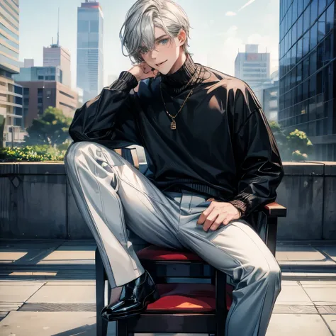 Hair parted to the center ,Gray Hair,Blue-green eyes,Droopy eyes, black turtleneck,oversized blue jumper, white pants, Shortcut Hair,smile,The background is the city,Tokyo, handsome,Tall,Sit on a black chair,Center parted hair