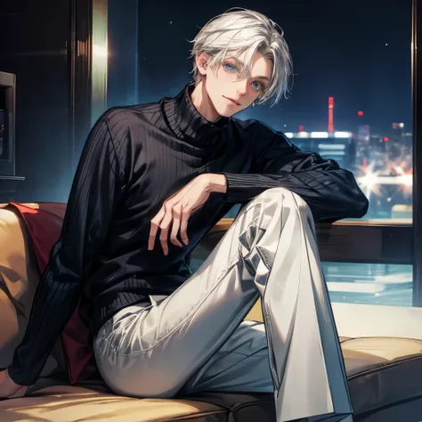  Hair parted to the center ,Gray Hair,Blue-green eyes,Droopy eyes, black turtleneck,oversized blue jumper, white pants, Shortcut Hair,smile,The background is the city,Tokyo, handsome,Tall,Sit on a black chair,Center parted hair