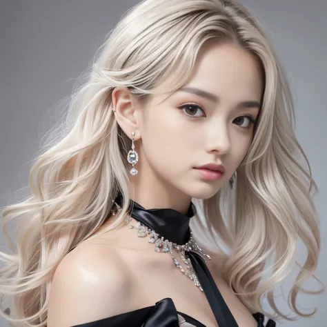 8k）、（best image quality:1.5）、gray background、close up of face、１girl、masterpiece、delicate and sharp eyes、brown eyes、eye power、delicate face、cup、attractive face、platinum blonde hair、Semi-long wave、black wedding dress、black wedding dress、I can see the collarb...