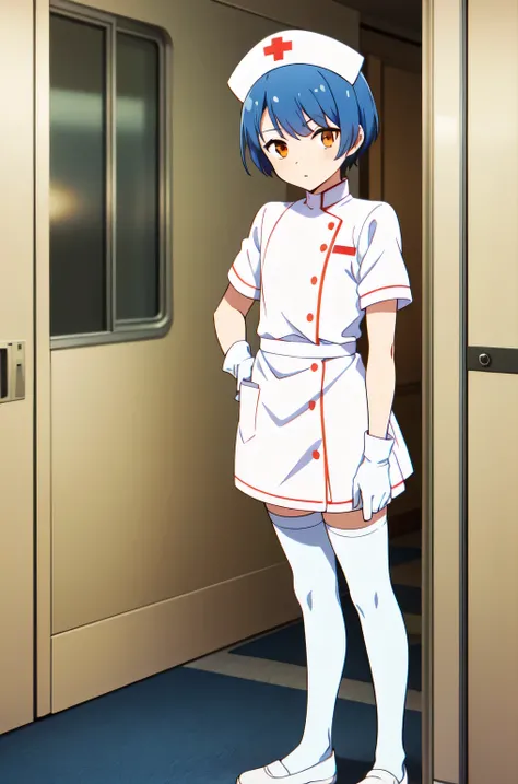 1boy, solo, male focus, nurse, white nurse cap, white nurse uniform, ((white legwear, zettai ryouiki)), white gloves, bobcut, blue hair, orange eyes, no impression, standing, ((hospital room)), sharp outline, short sleeves, shota, 12yo, best quality, maste...