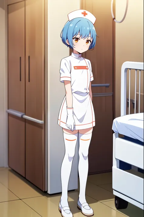 1boy, solo, male focus, nurse, white nurse cap, white nurse uniform, ((white legwear, zettai ryouiki)), white gloves, bobcut, blue hair, orange eyes, no impression, standing, ((hospital room)), sharp outline, short sleeves, shota, 12yo, best quality, maste...