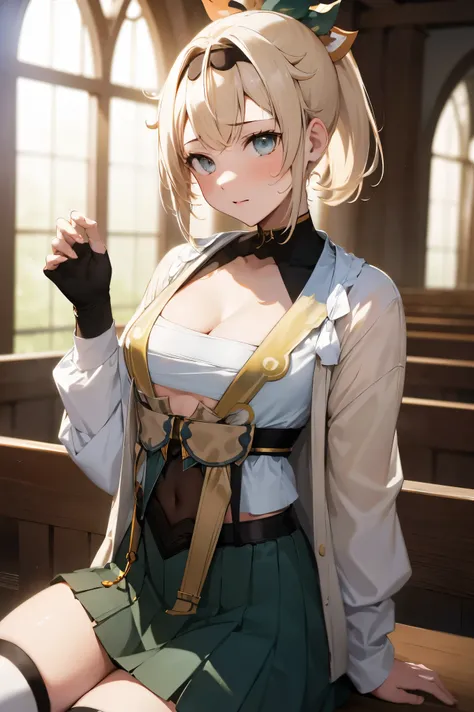 NSFW,masterpiece, best quality, high definition , very detailed,Kazama Iroha、 hair ornament、 headband、 ponytail 、 hair ornament、 headband、Bleaching、Haori、Belly button、Black gloves、 pleated skirt、Green skirt、White knee socks、 cleavage,knife, fantasy standin...