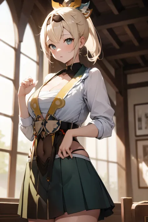 NSFW,masterpiece, best quality, high definition , very detailed,Kazama Iroha、 hair ornament、 headband、 ponytail 、 hair ornament、 headband、Bleaching、Haori、Belly button、Black gloves、 pleated skirt、Green skirt、White knee socks、 cleavage,knife, fantasy standin...