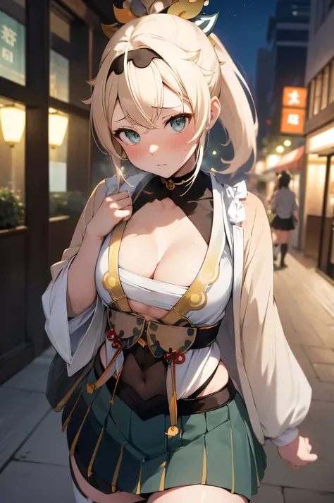 NSFW,masterpiece, best quality, high definition , very detailed,Kazama Iroha、 hair ornament、 headband、 ponytail 、 hair ornament、 headband、Bleaching、Haori、Belly button、Black gloves、 pleated skirt、Green skirt、White knee socks、 cleavage,Nightlife,Hotel distri...